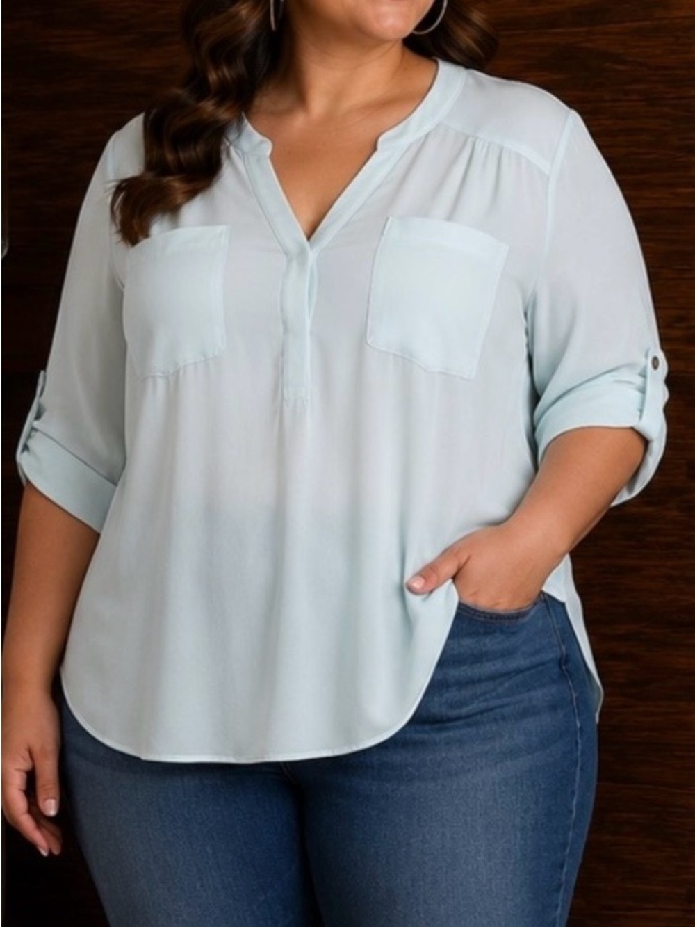 Torrid Light Blue V-Neck Blouse with Front Pockets light weight Sz 3x 16-24 NWT